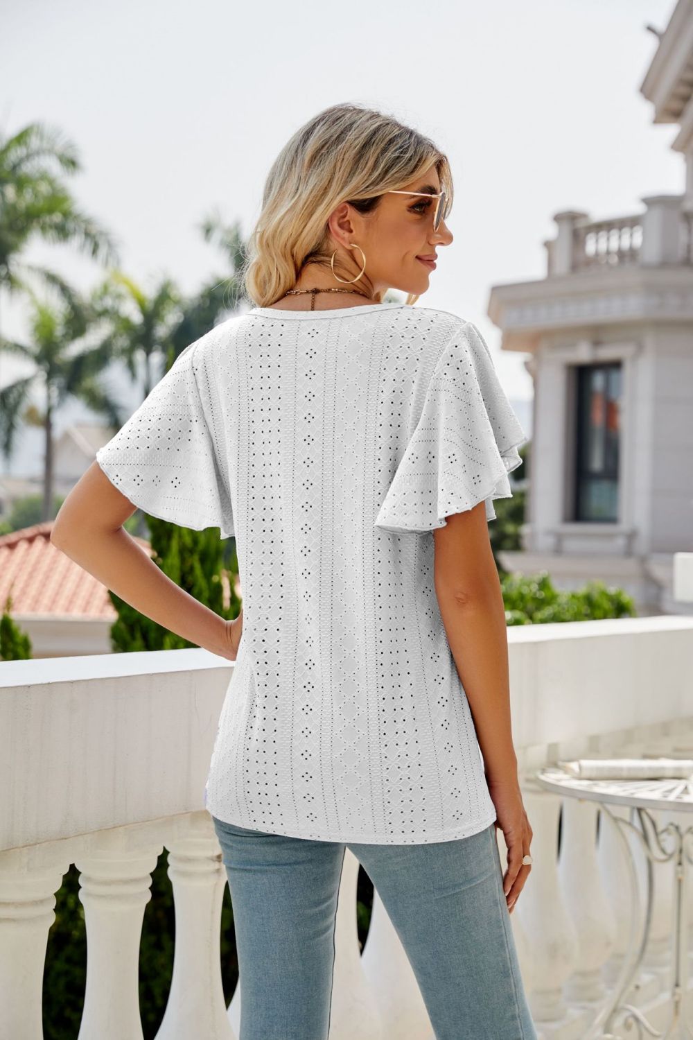 Full Size Eyelet Flutter Sleeve Round Neck Top