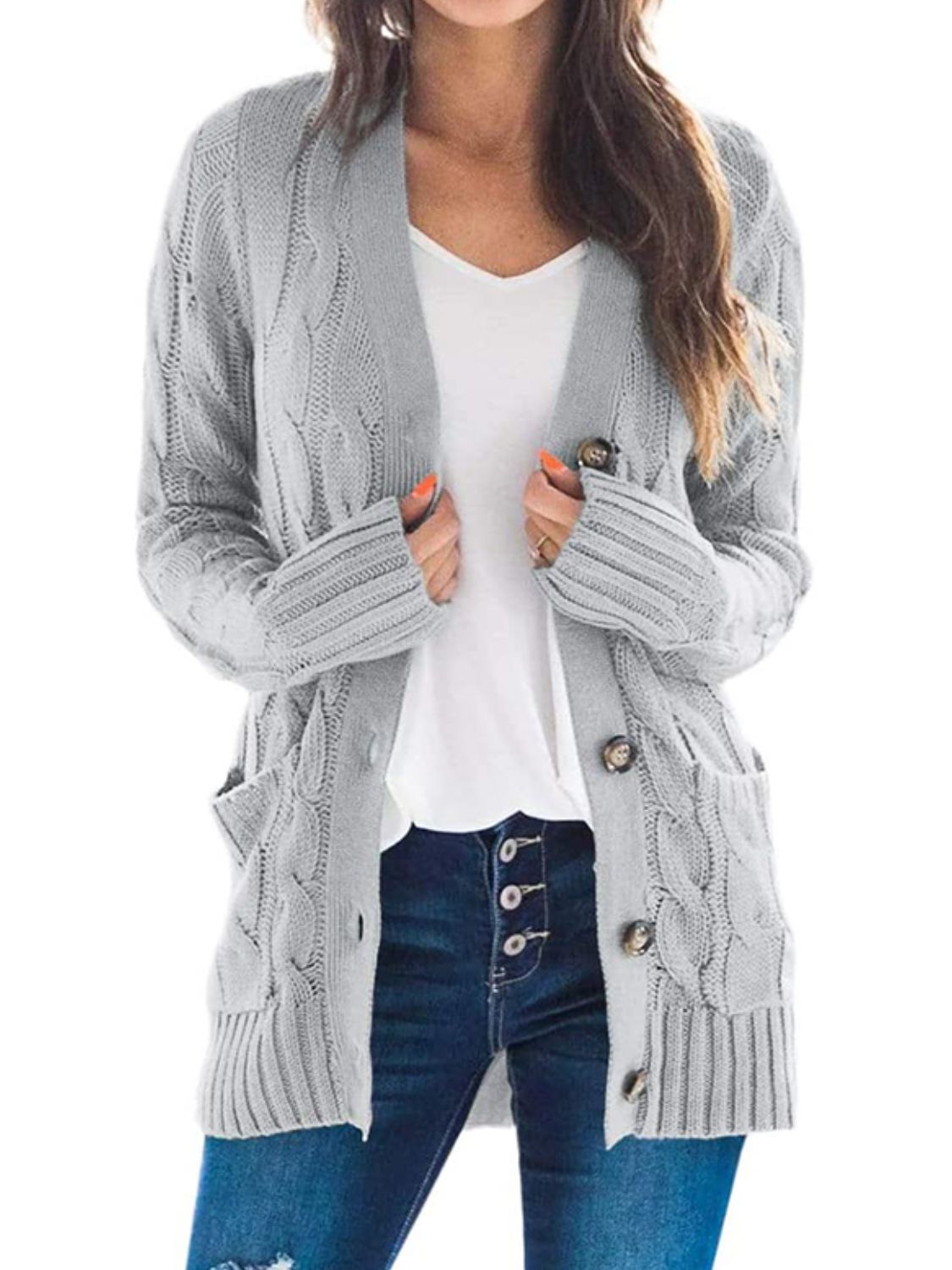 SavannahTree Cable-Knit Buttoned Cardigan with Pockets