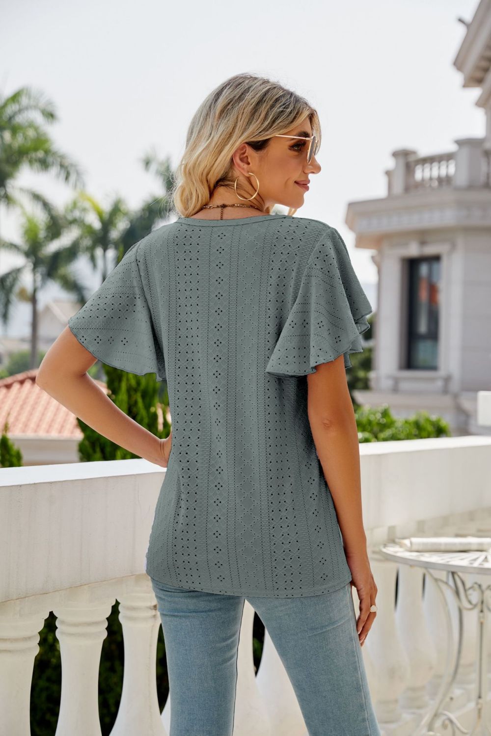 Full Size Eyelet Flutter Sleeve Round Neck Top