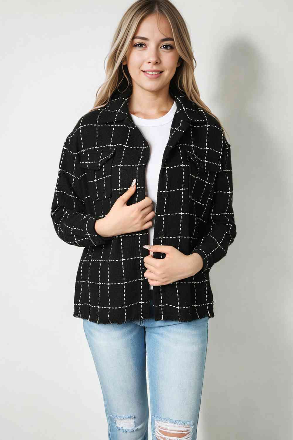 Lydia Black Plaid Raw Hem Jacket with Pockets