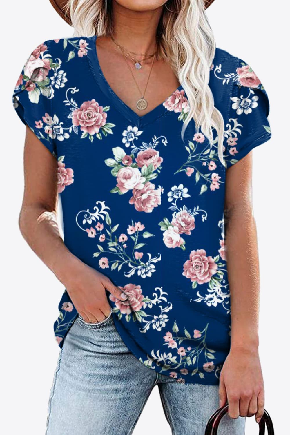 Full Size Printed Petal Sleeve V-Neck Blouse