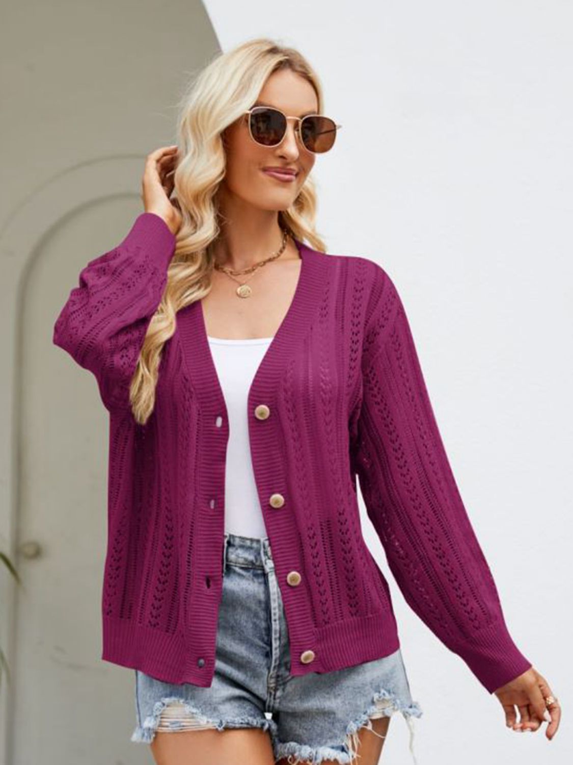 SkyMarie Button Down Ribbed Trim Cardigan