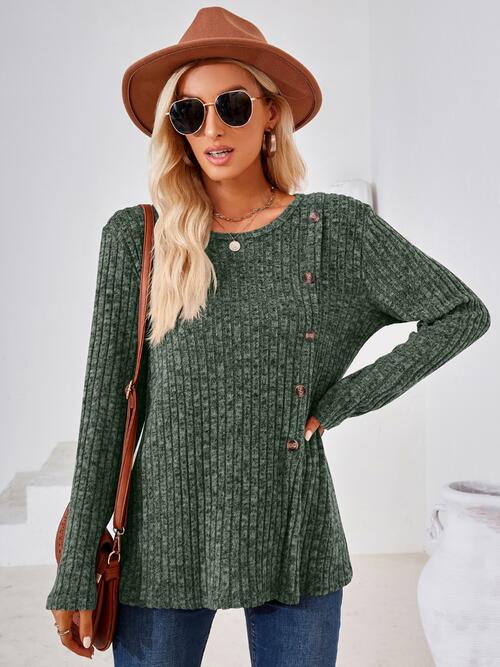 Hannah Mea Ribbed Buttoned Round Neck Slit T-Shirt