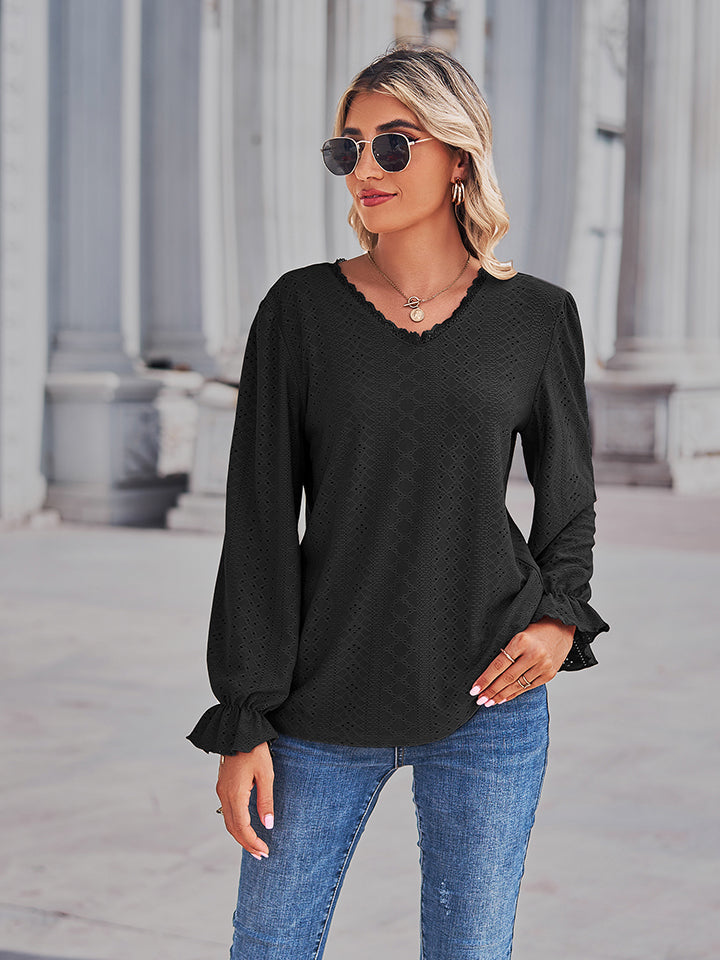 Full Size Eyelet V-Neck Flounce Sleeve Blouse