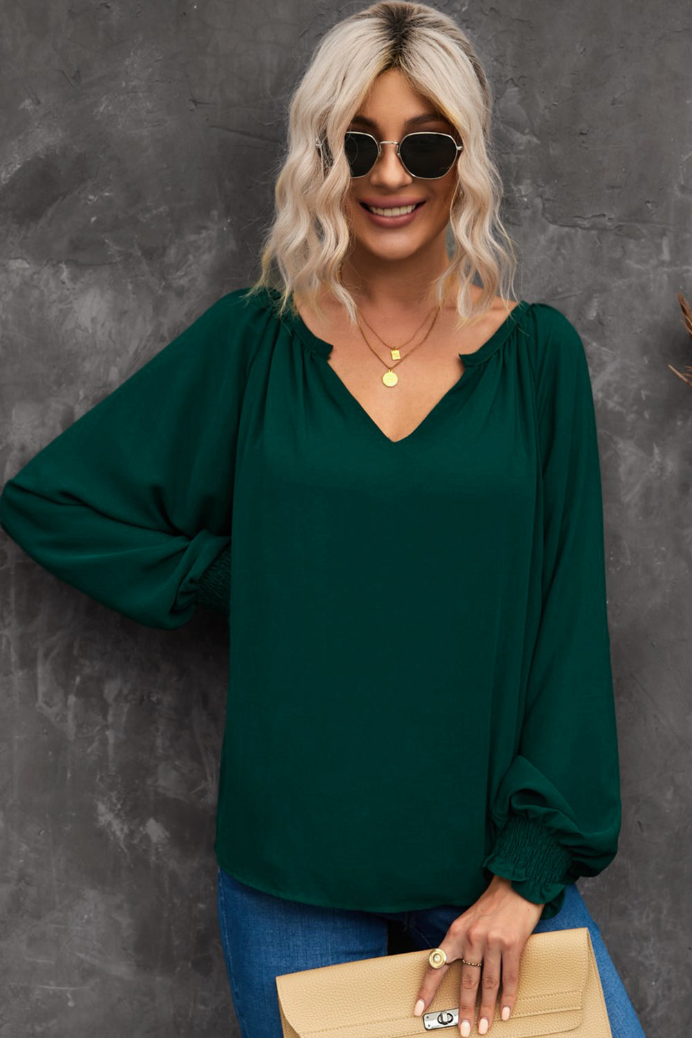 Full Size Notched Neck Lantern Sleeve Blouse