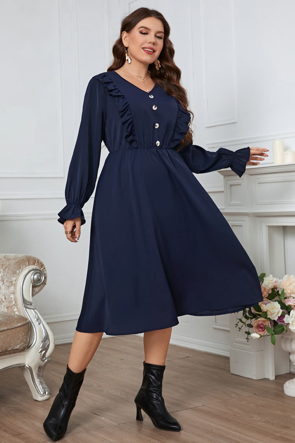 KeenLinear Plus Size V-Neck Buttoned Flounce Sleeve Dress