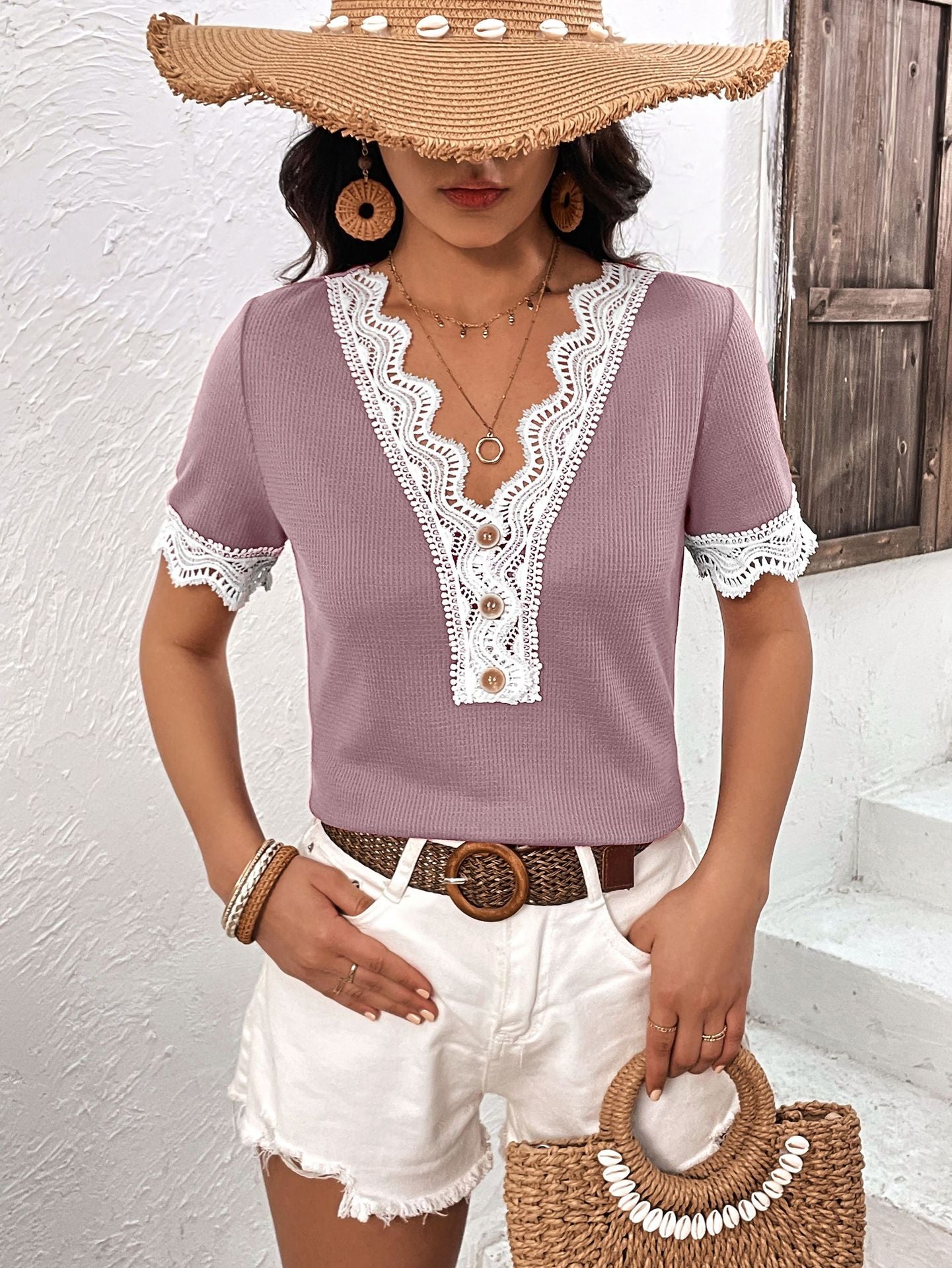 Women's Decorative Button Spliced Lace Short Sleeve Top