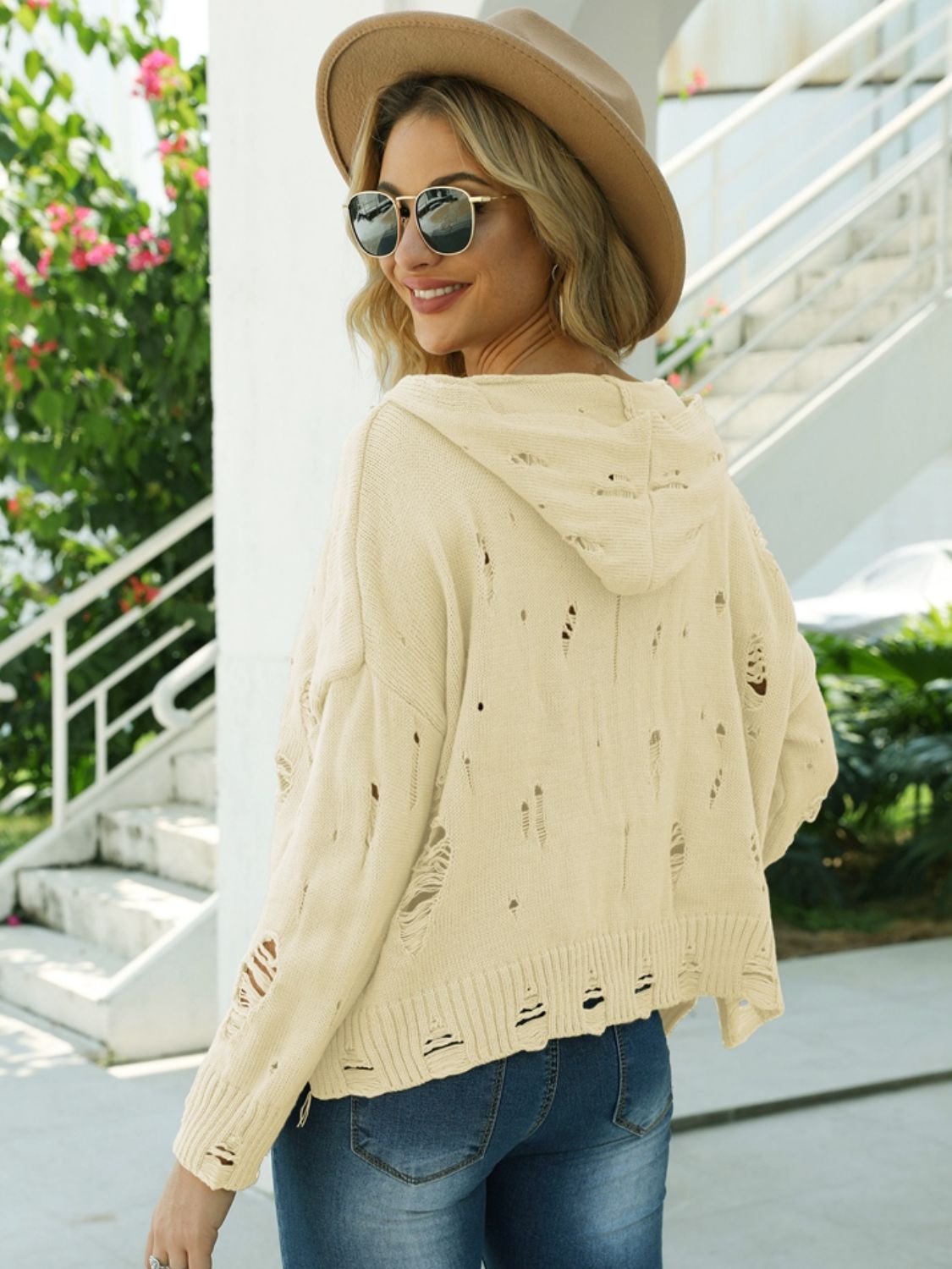 Wonderful Whites Contrast V-Neck Distressed Hooded Sweater 🦋