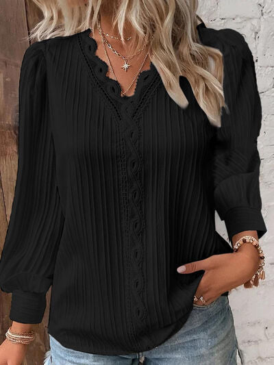 Textured V-Neck Long Sleeve Blouse