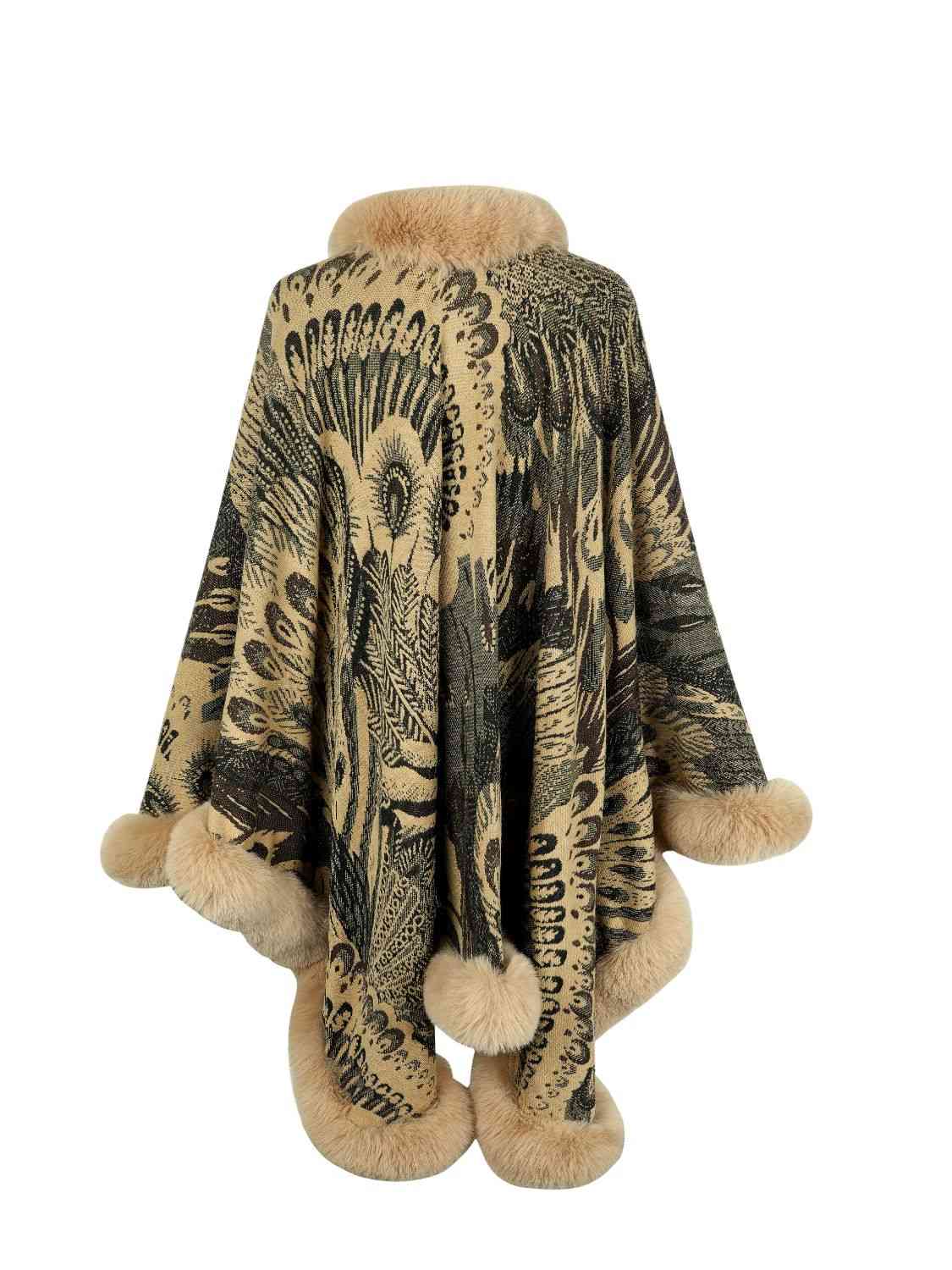 Beauty Devine Fur Trim One Size Printed Open Front Poncho