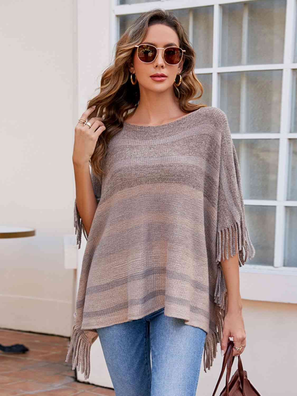 One Size Striped Boat Neck Poncho with Fringes