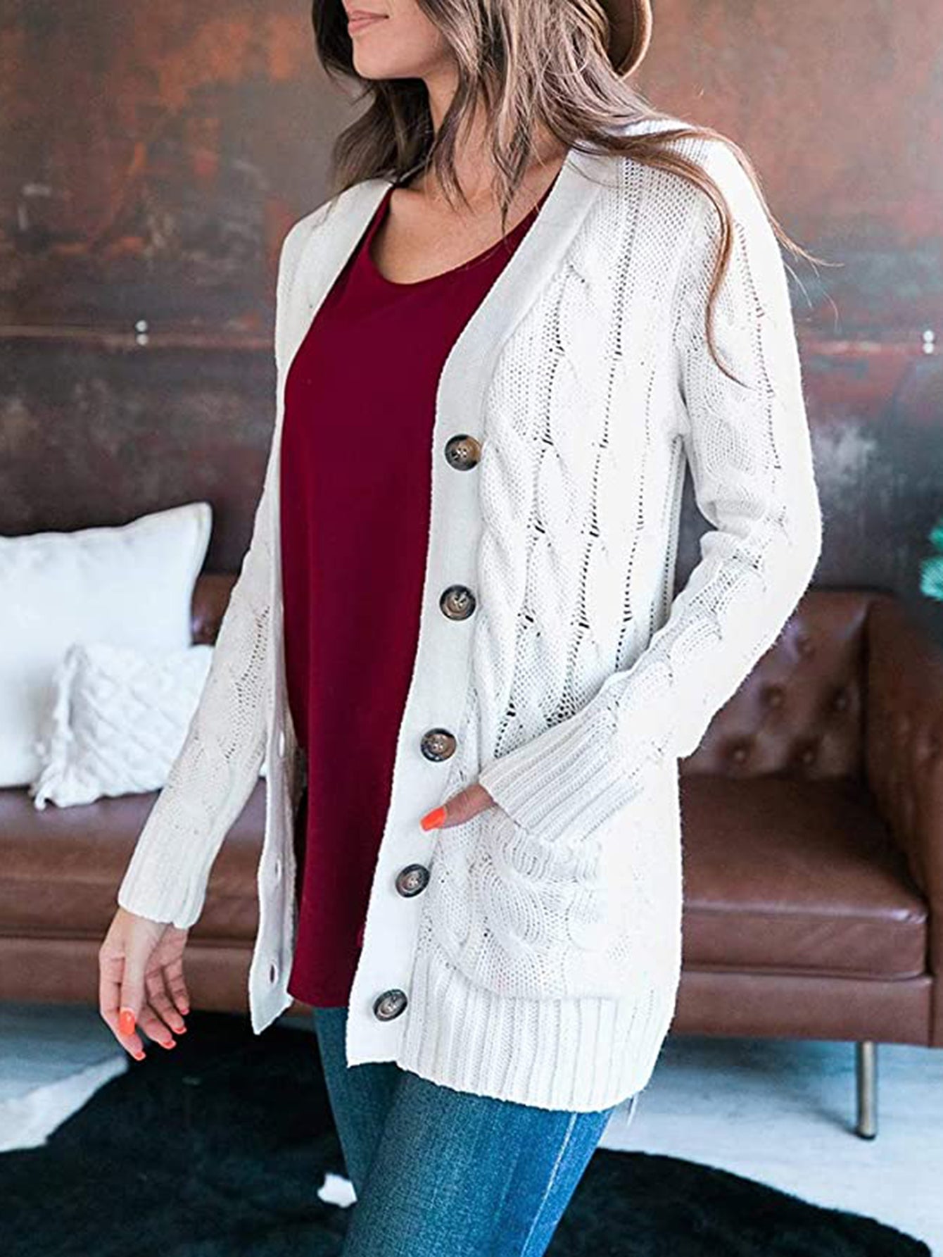 SavannahTree Cable-Knit Buttoned Cardigan with Pockets