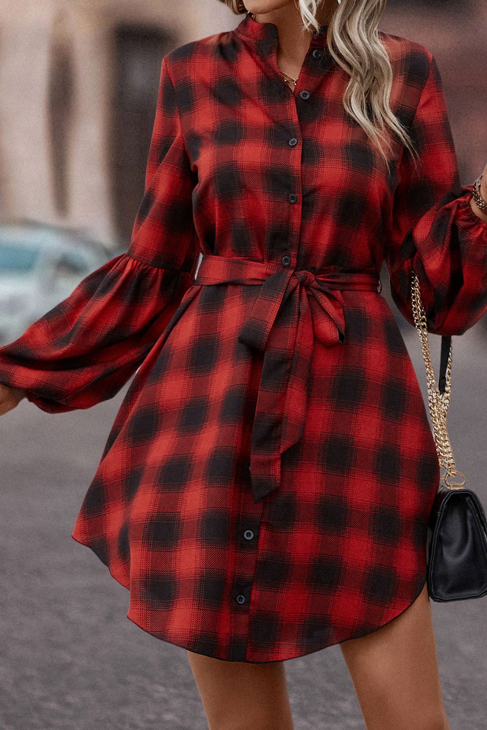 TrendiBee Plaid Tie Waist Balloon Sleeve Mini Dress