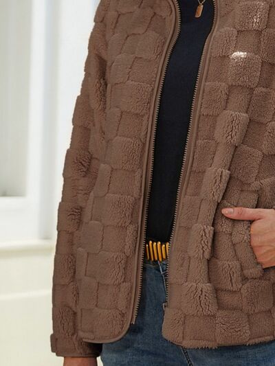 Full Size Fuzzy Checkered Zip Up Jacket