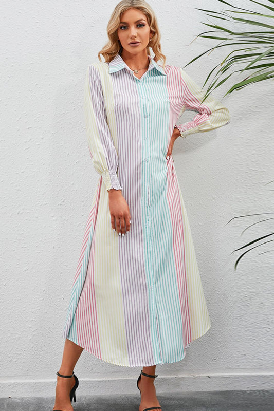 Full Size Rainbow Stripe Button-Up Maxi Shirt Dress