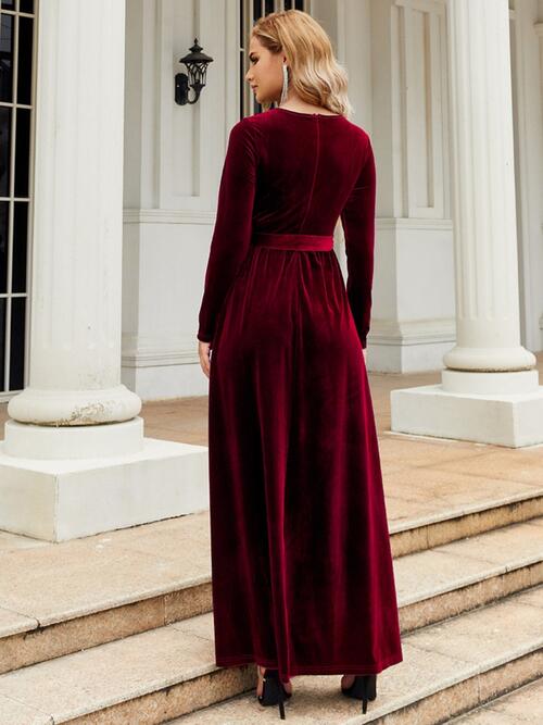 OhSoMaxi Tie Front Round Neck Long Sleeve Maxi Dress