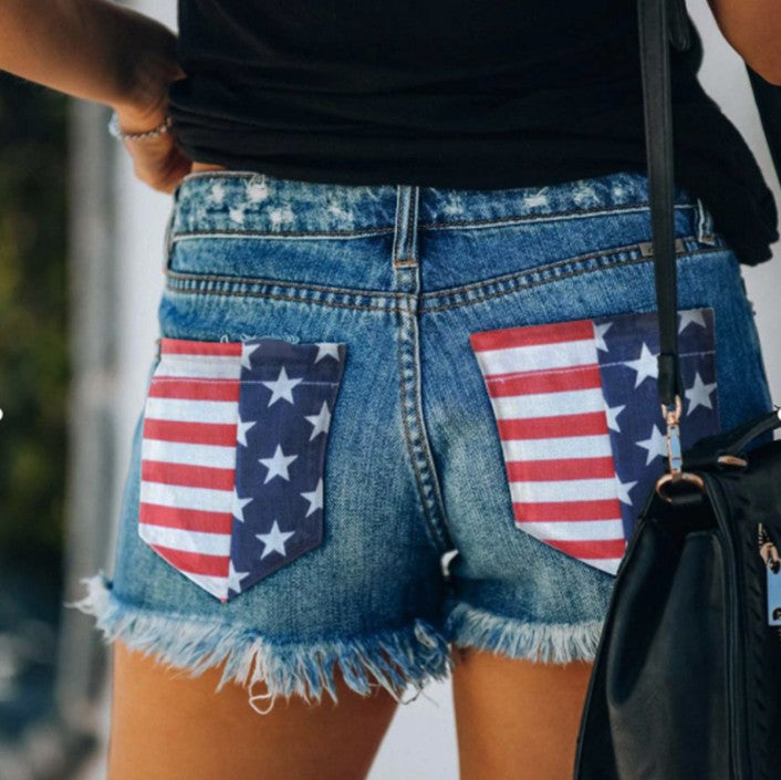 Full Size US Flag Distressed Denim Shorts