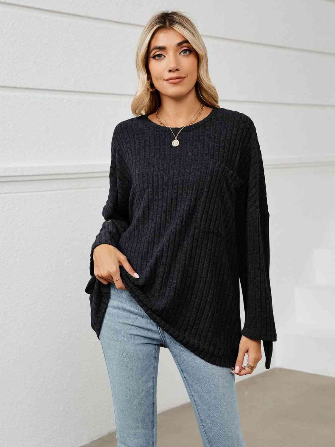 Full Size Round Neck Ribbed Long Sleeve T-Shirt