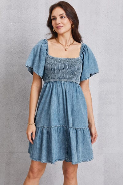 Larissa Bea Smocked Square Neck Mini Denim Dress