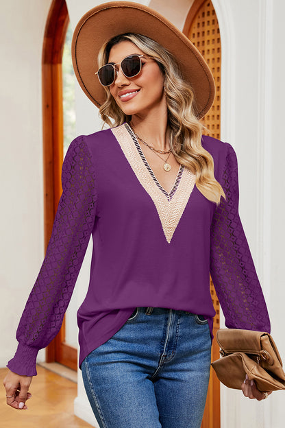 Openwork V-Neck Long Sleeve T-Shirt