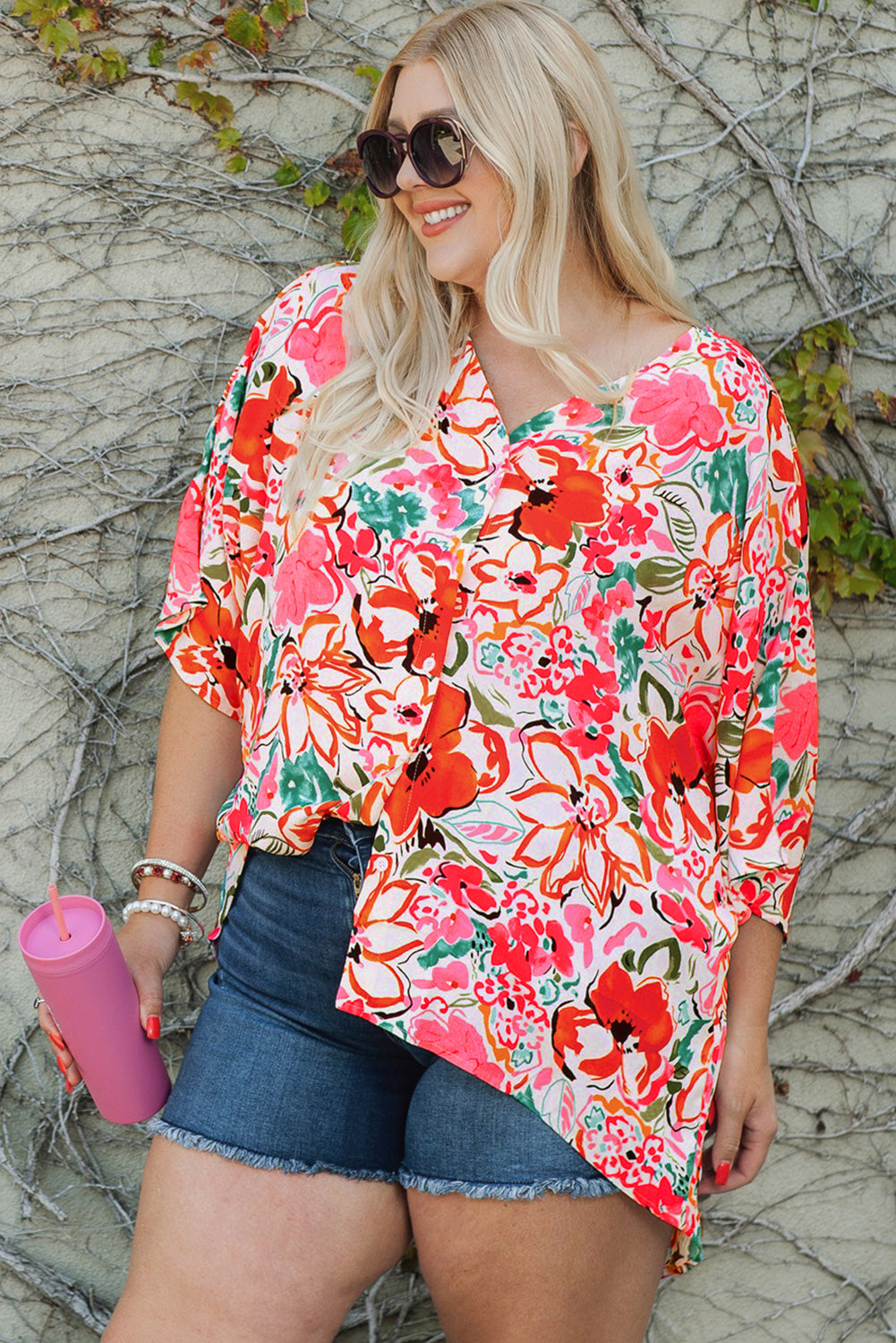 Malibu Dreams Plus Size Floral V-Neck Half Sleeve Shirt