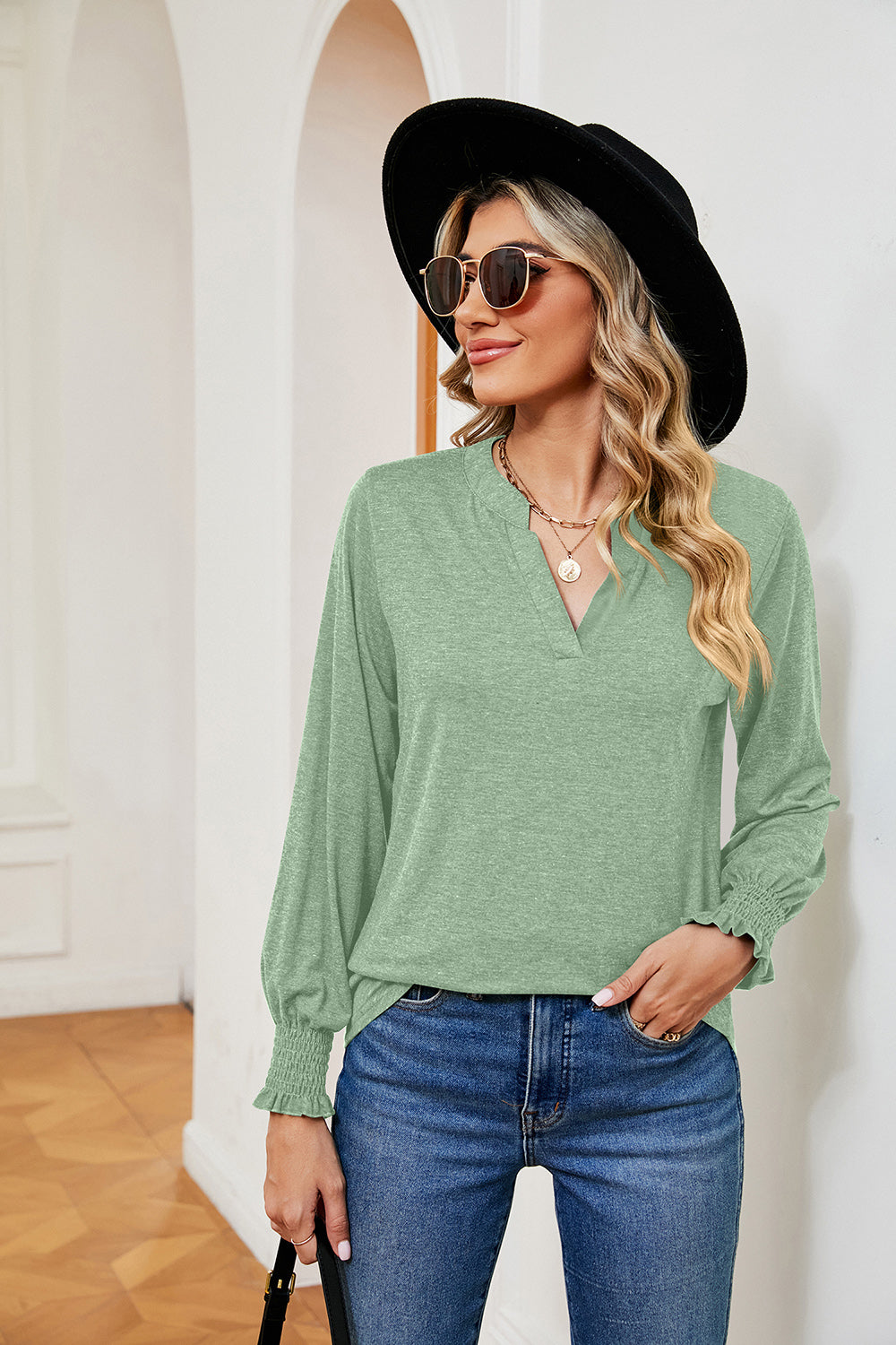 Full Size Notched Neck Long Sleeve Blouse