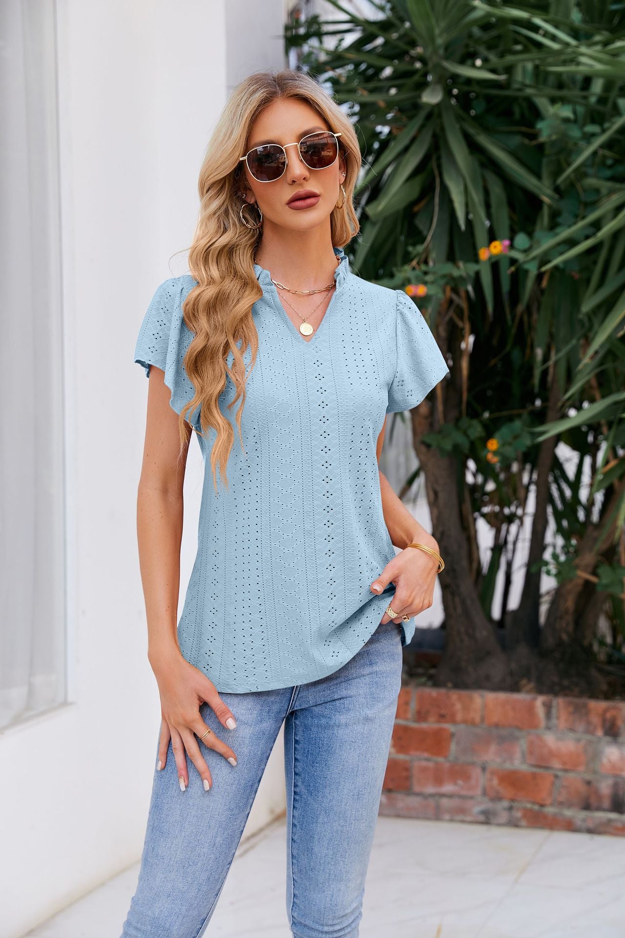 Women's Full Size Notched Neck Puff Sleeve Blouse