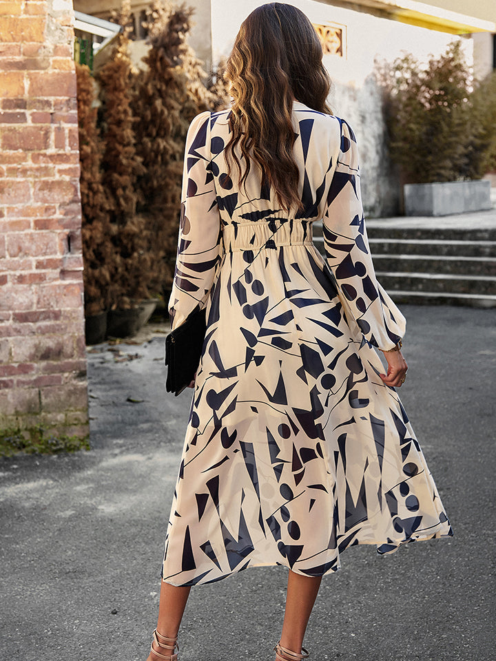 IconicDream Printed V-Neck Long Sleeve Midi Dress