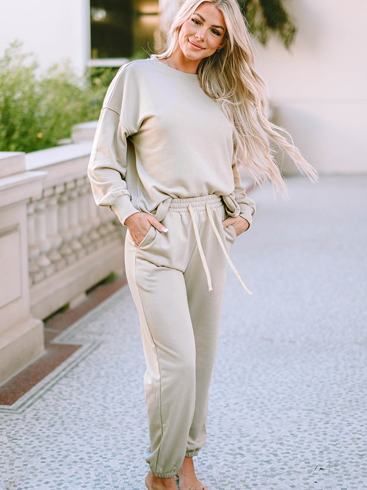 Round Neck Dropped Shoulder Top and Pants Light Gray Lounge Set