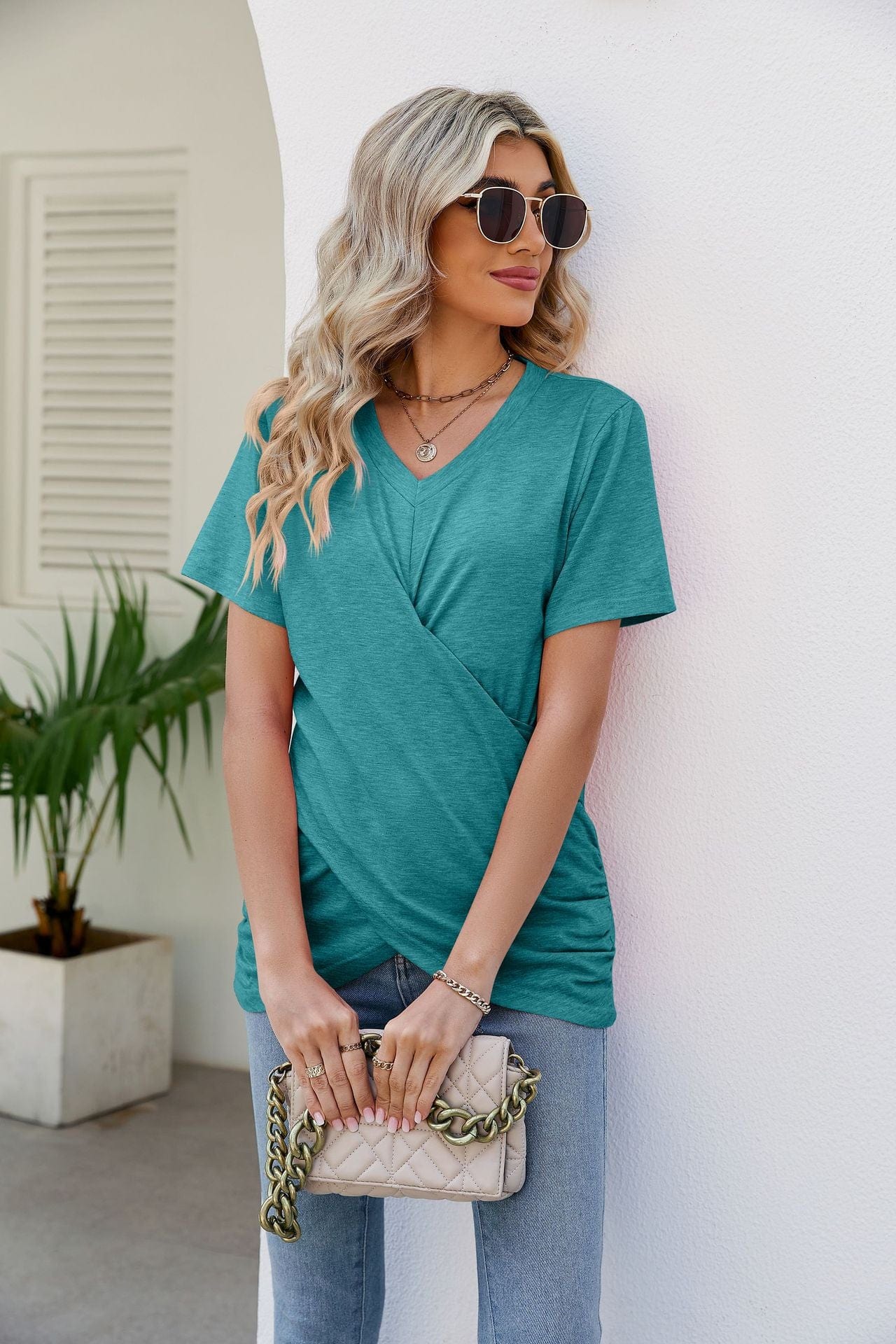 Full Size V-Neck Crisscross Short Sleeve Tee