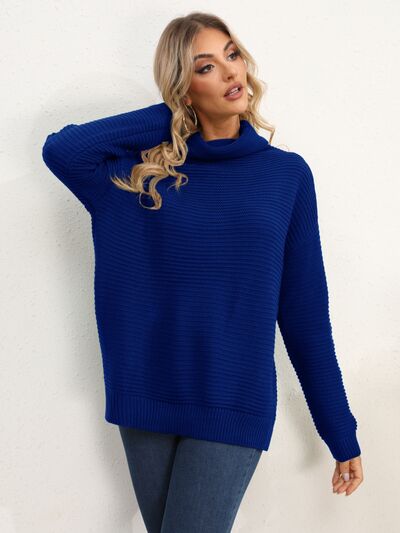 Slit Turtleneck Dropped Shoulder Sweater