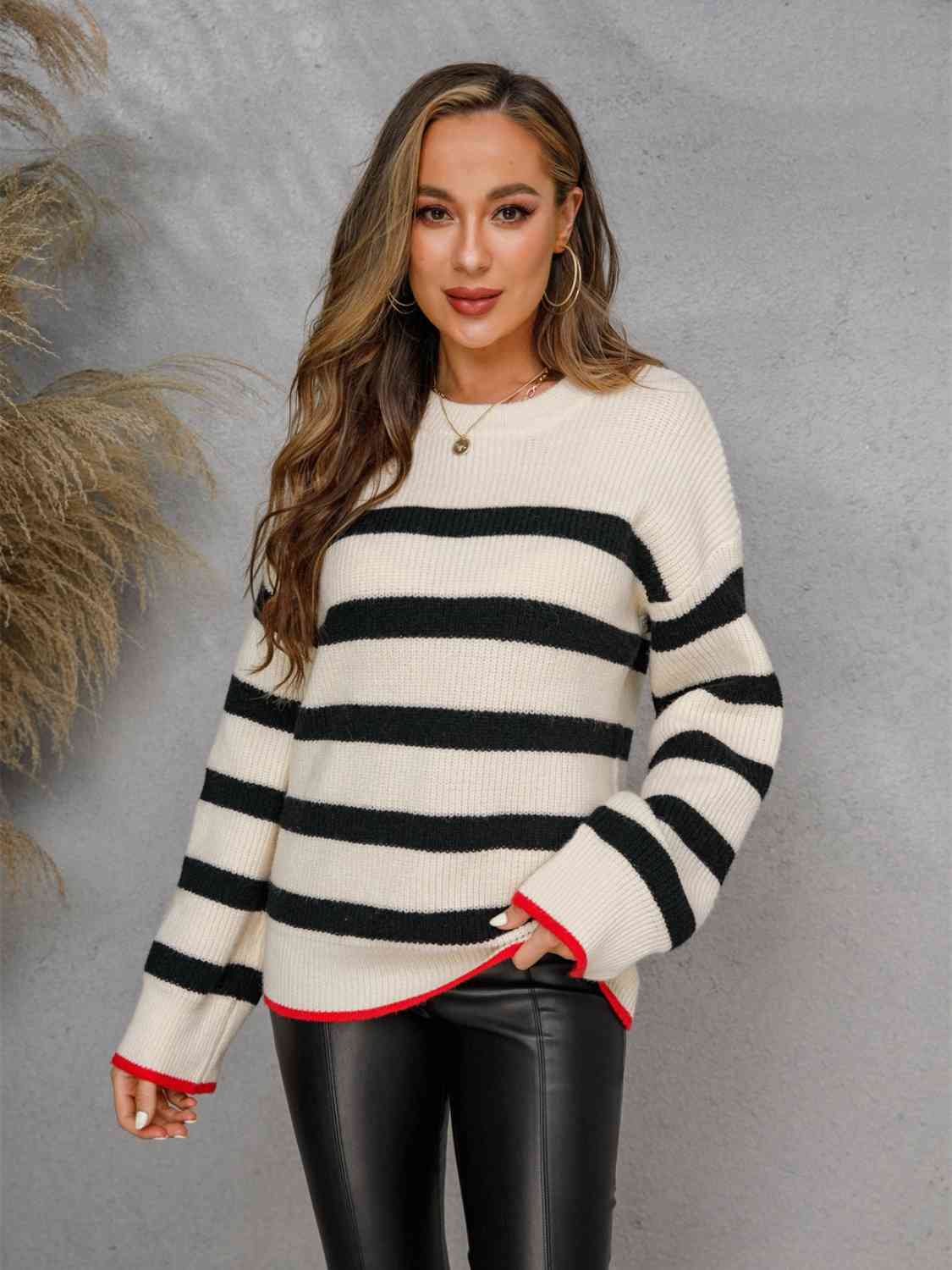 Striped Round Neck Dropped Shoulder Sweater