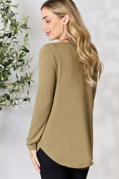 Zenana Full Size Khaki V-Neck Long Sleeve T-Shirt