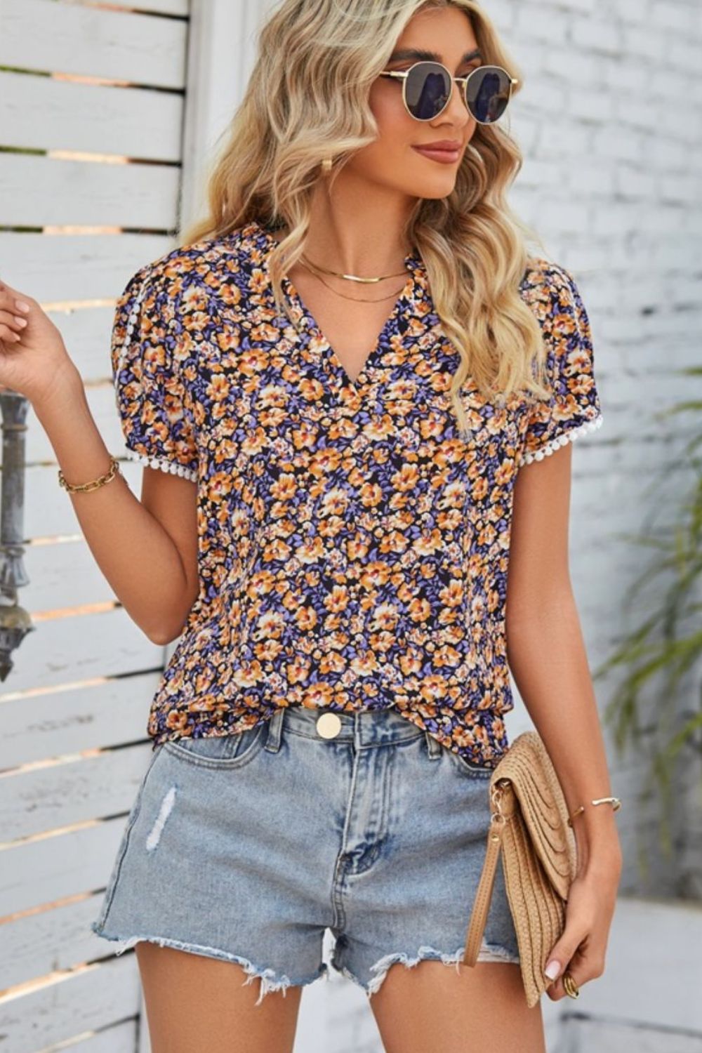 Women's Full Size Floral Notched Neck Blouse