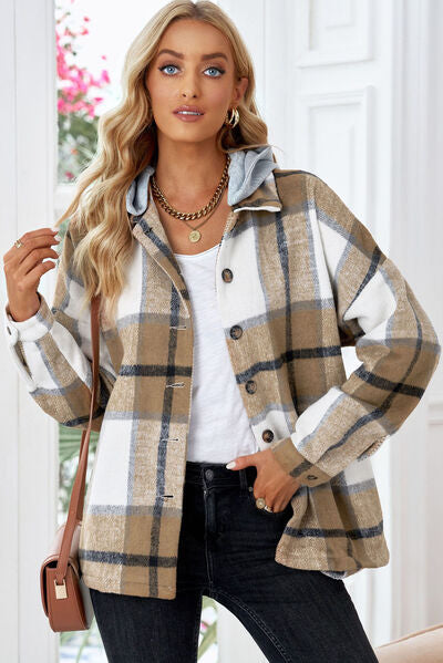 Button Up Plaid Hooded Jacket