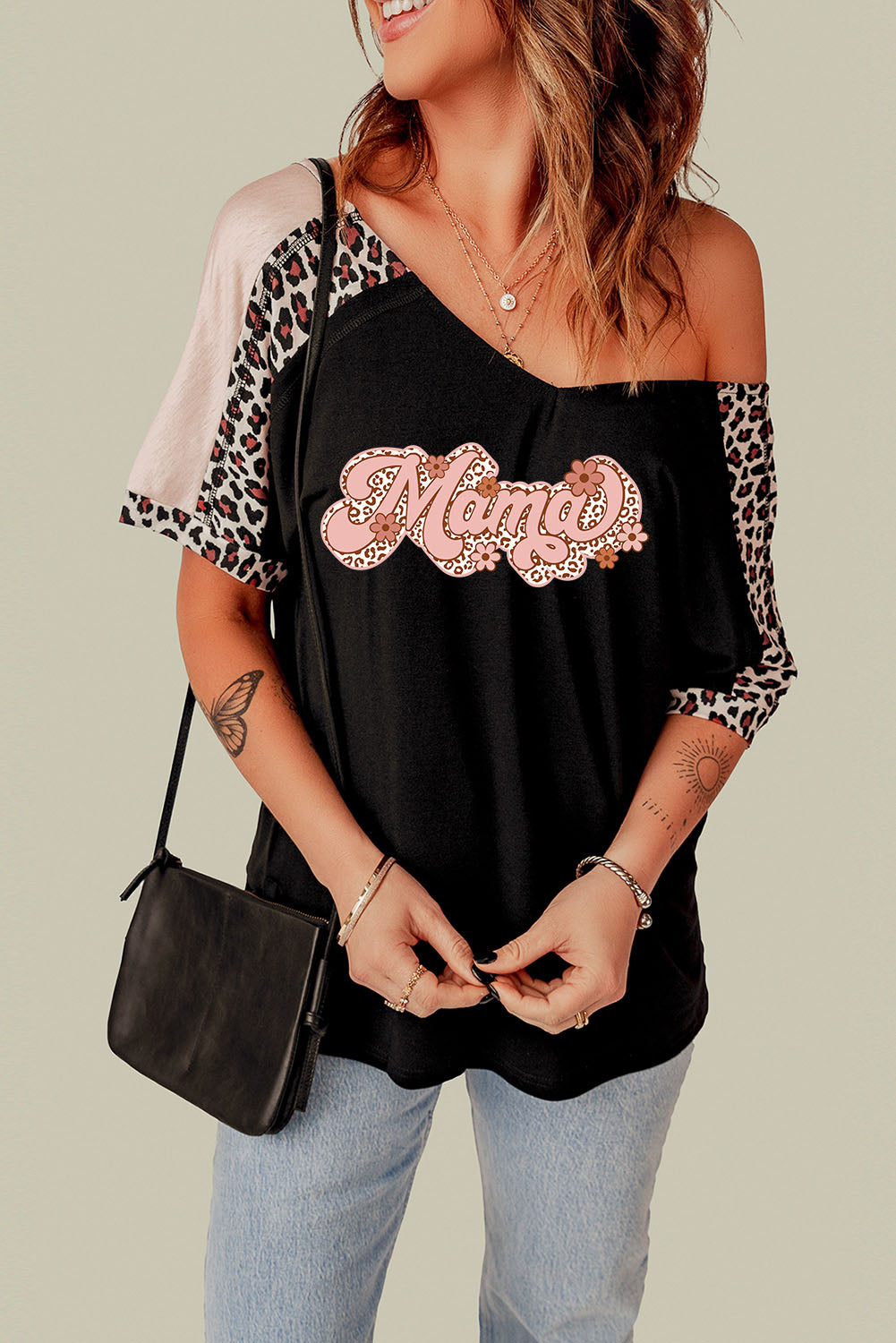 Women's Full Size MAMA Graphic Leopard V-Neck Tee Shirt