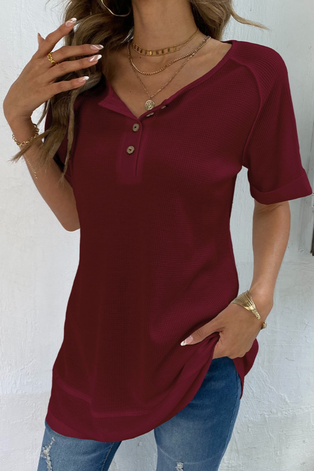 Full Size Cuffed Sleeve Henley Top