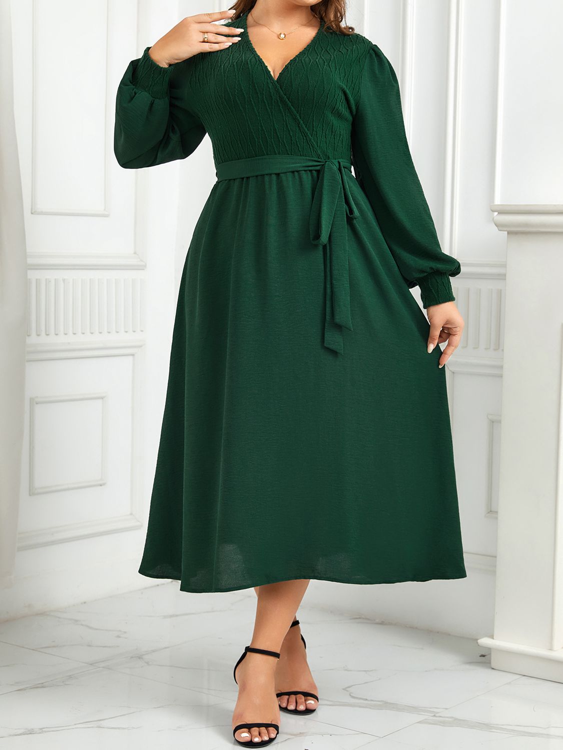 Plus Size Green Surplice Neck Tie Waist Long Sleeve Midi Dress