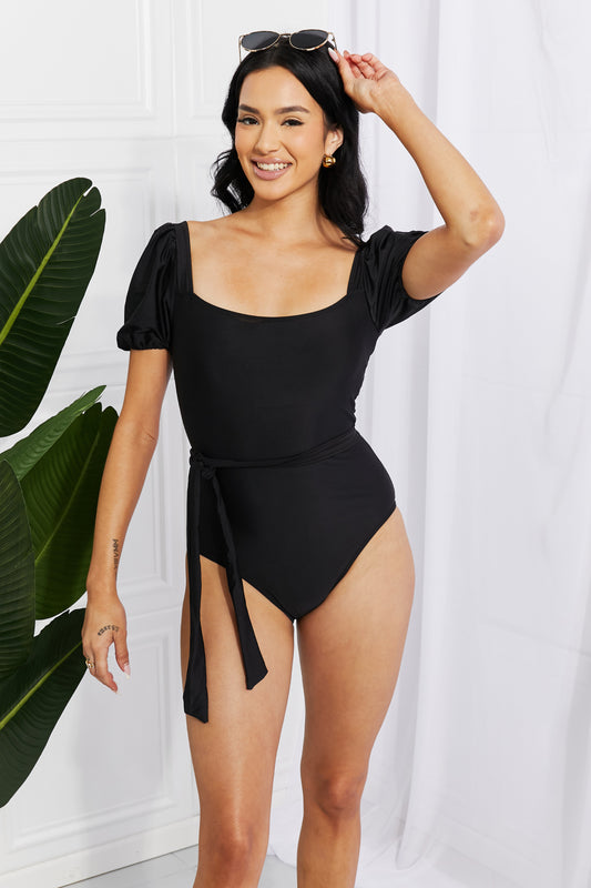Women's Marina West Swim Salty Air Puff Sleeve One-Piece Swimsuit in Black