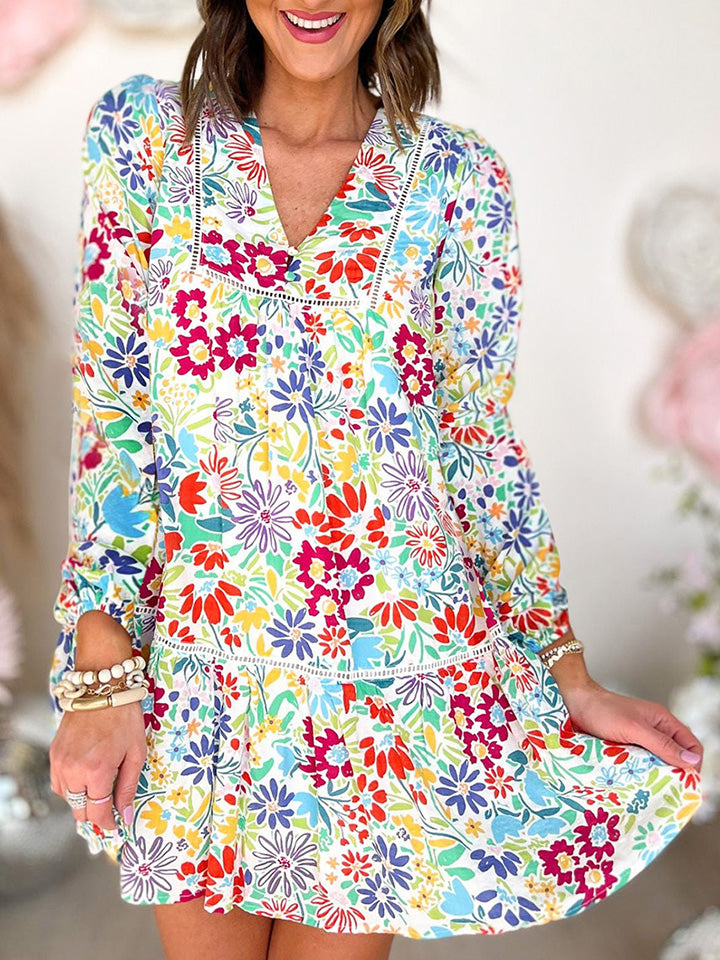 V-Neck Floral Print Long Sleeve Multicolored Mini Dress