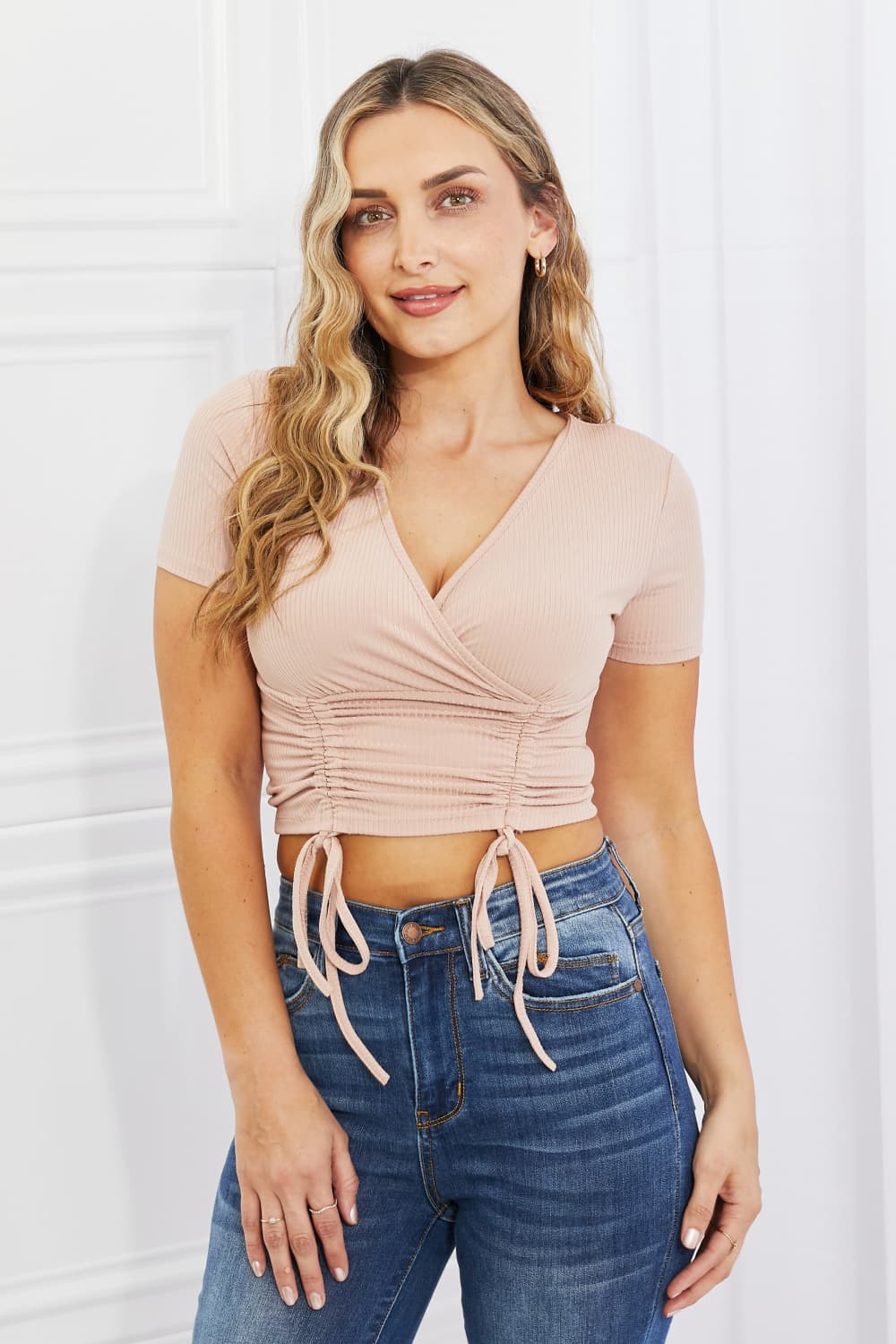 Malibu Dreams Capella Back To Simple Full Size Ribbed Front Scrunched Top in Blush