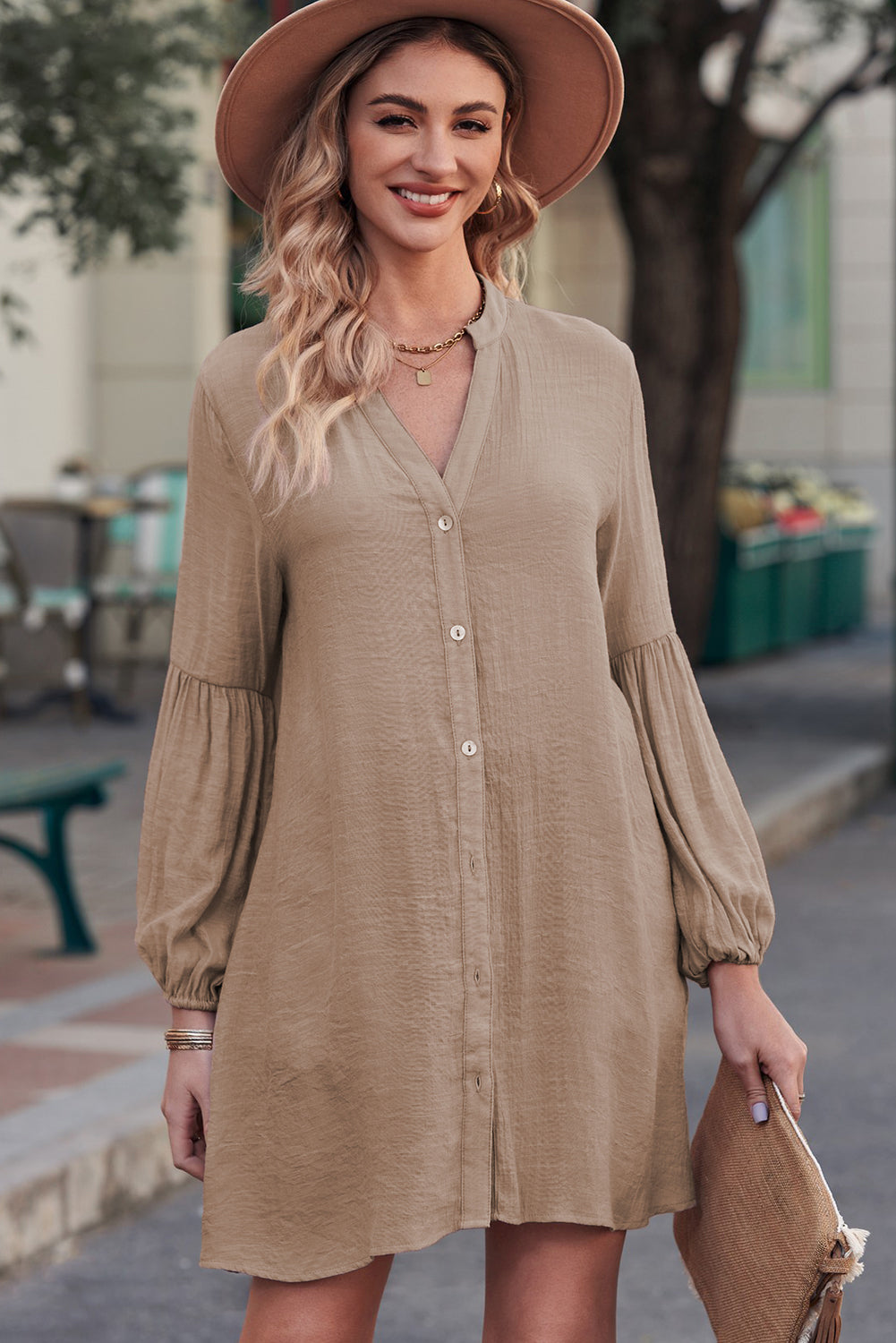 Notched Button Up Balloon Sleeve Longline Top