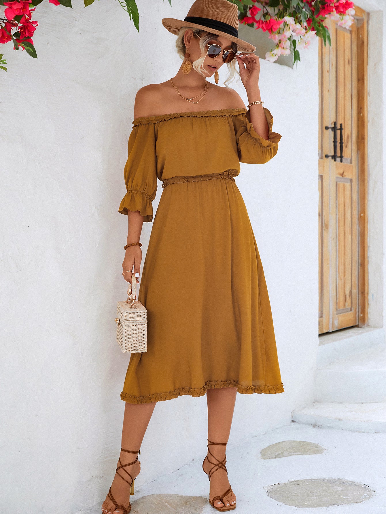 Women's Frilled Off-Shoulder Flounce Sleeve Dress