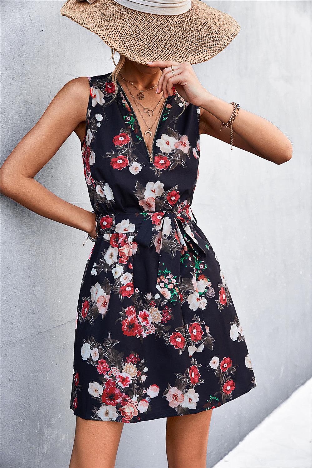 Women's Printed Zip Detail Belted Sleeveless Dress