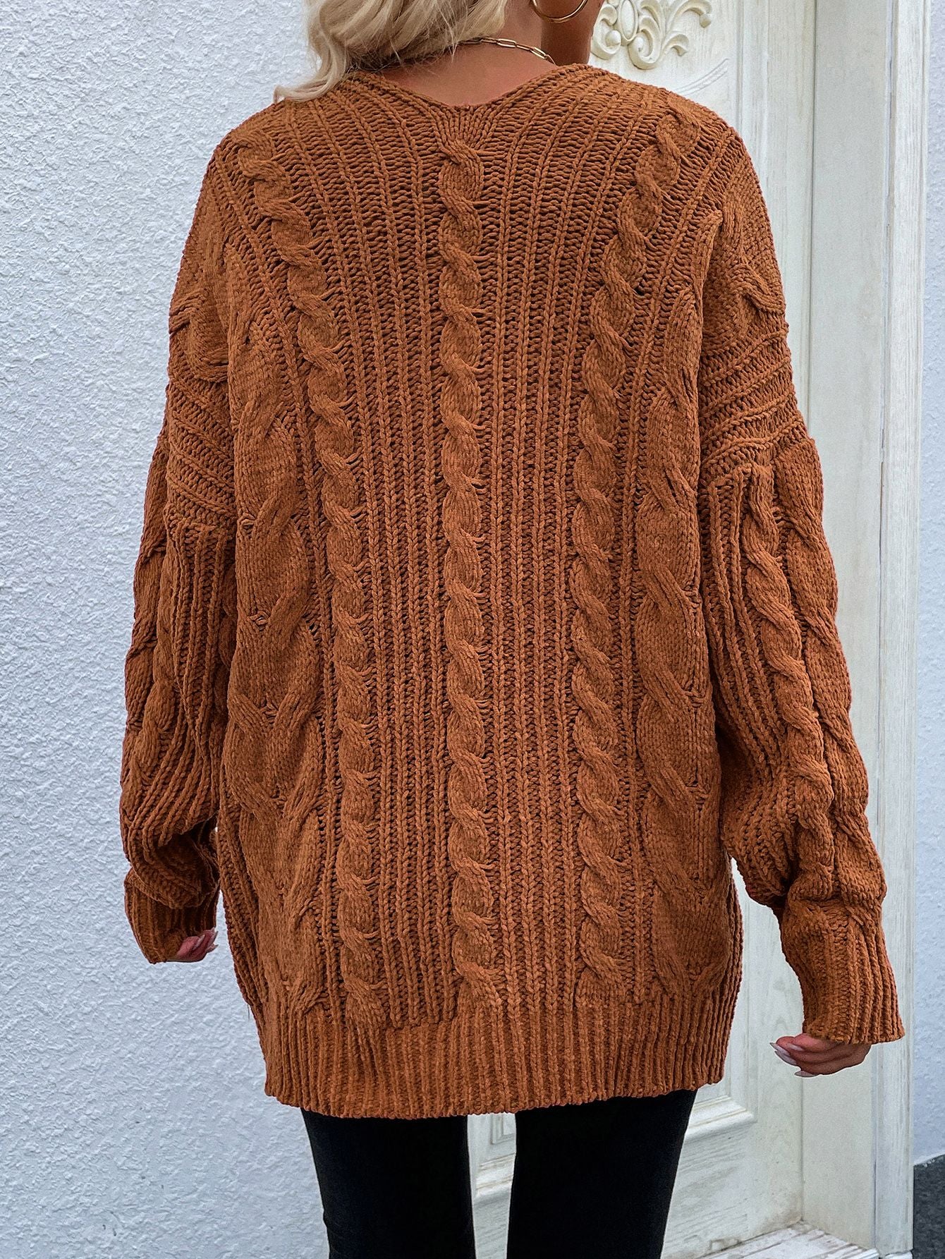 Women's Cable-Knit Open Front Cardigan with Front Pockets