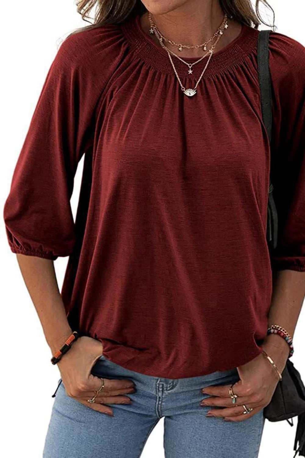 Full Size Gathered Detail Round Neck T-Shirt