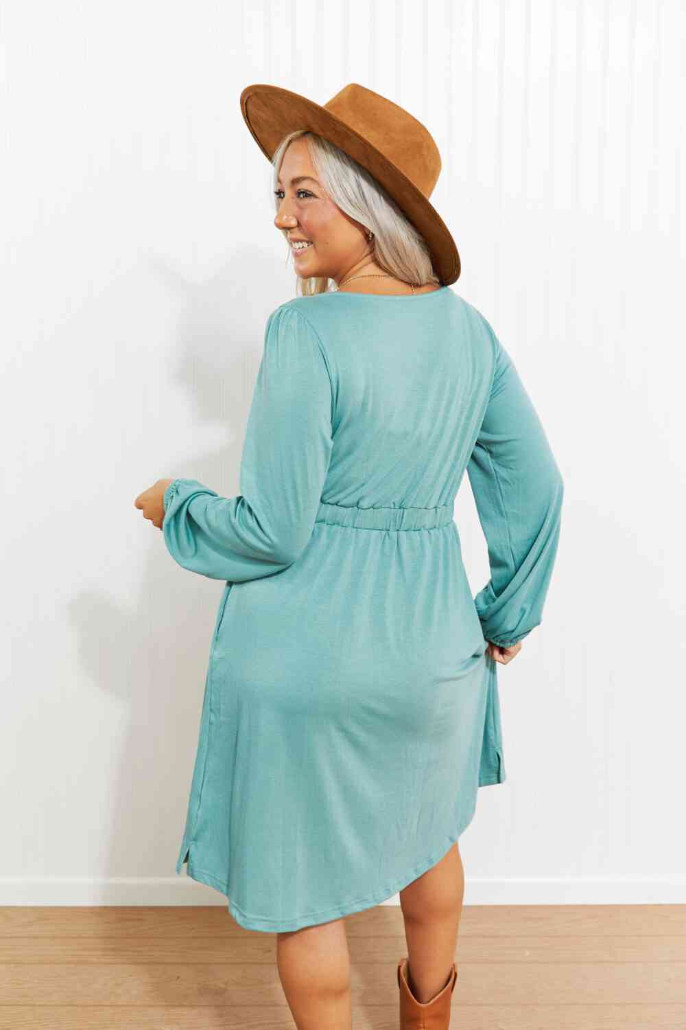 Full Size Scoop Neck Empire Waist Long Sleeve Mini Dress