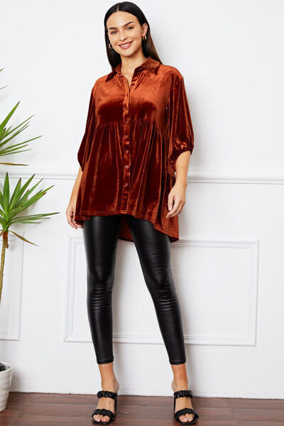 Velvet Tiered Button Up Collared Neck Shirt