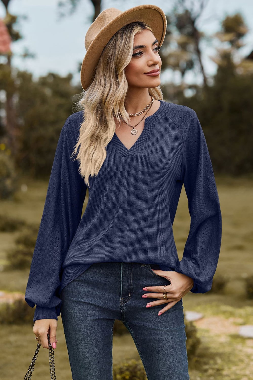 Full Size Notched Neck Raglan Sleeve Blouse