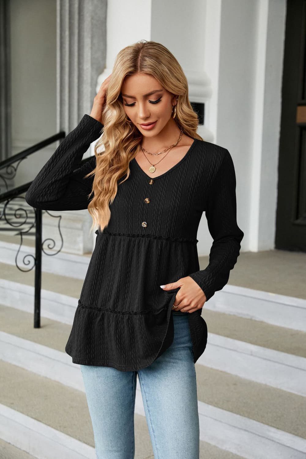 Full Size Long Sleeve V-Neck Cable-Knit Blouse